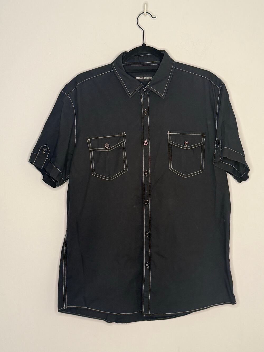 Michael Brandon Black White Stitching Short Sleeve Button Down Shirt  Size L